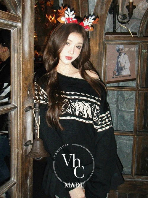 ブラックノルディックワイドネックオフショルダー長袖ニットT (人気商品配送遅延)