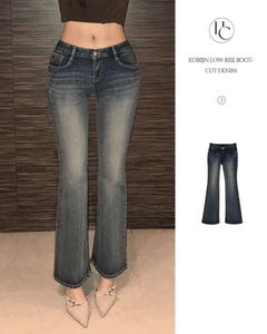 Kobe Jeans Low-Rise Pocket Leather Patch Slim Faded Catbrush Flared Jeans Denim Long Pants