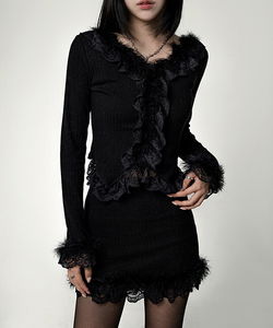 優雅荷葉邊蕾絲毛絨開衫裙裝套裝