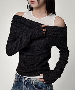 Fleece Drape Off-Shoulder Layered Fleece-lined Long Sleeve T-Shirt