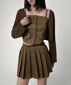 스매츄 스웨이드 뷔스티에 플리츠 미니 스커트 가디건 세트 Suede Bustier Pleated Mini Skirt Cardigan Set