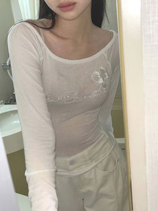 刺繡透膚修身長袖T恤