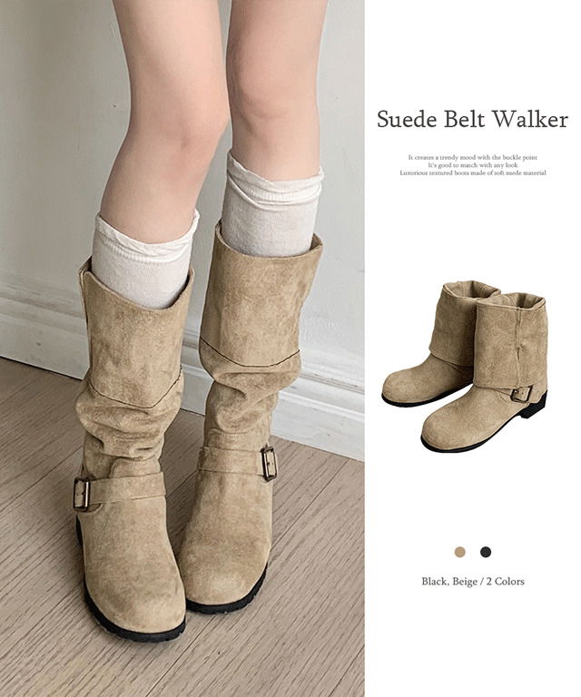 Kunid Round Suede Belt Buckle Two-Way Mid-Short Boots