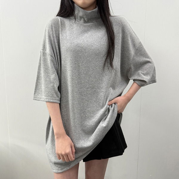 1+1/Overfit❤ Boxy half-neck short-sleeved Turtleneck T-shirt
