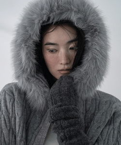 Grendit Detachable Hood Fur Knitwear Zip-up