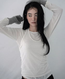 季節感圓領假兩件長袖上衣