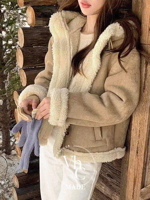 毛絨連帽短版羊毛外套