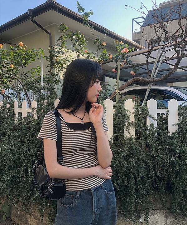 Solid color striped short sleeve t-shirt