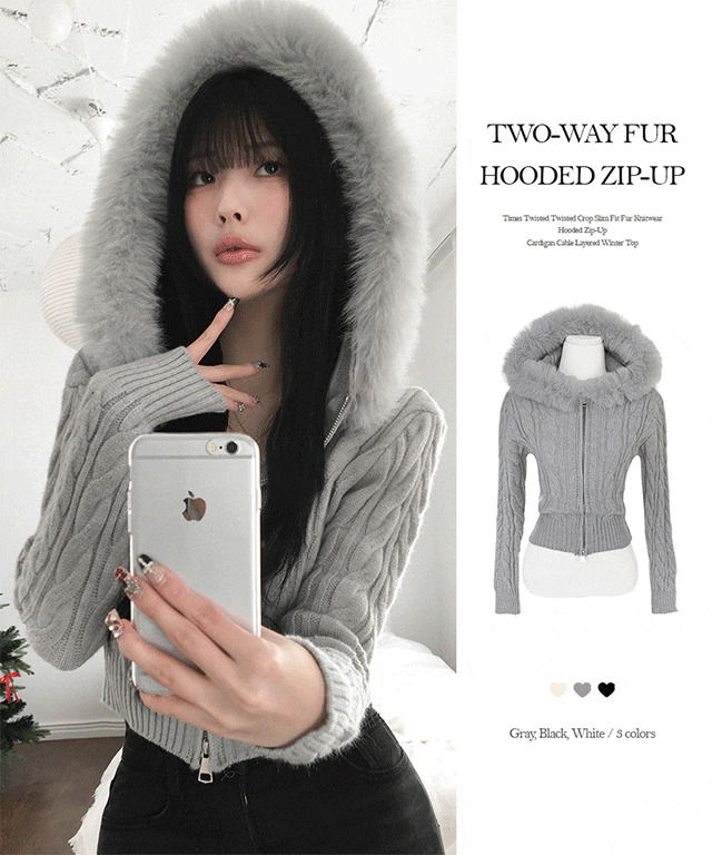 Times Twisted Crop Slim Fur Knitwear Hooded Zip-Up Cardigan
