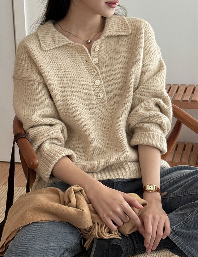 甜心半開襟羊毛寬鬆襯衫領針織上衣