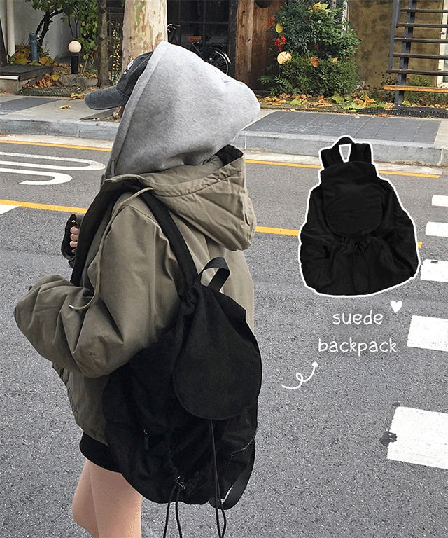 쿠비 스웨이드 포켓 보부상 스트링 복조리 빅 백팩 가방 벨벳 빈티지 학생템 교복템