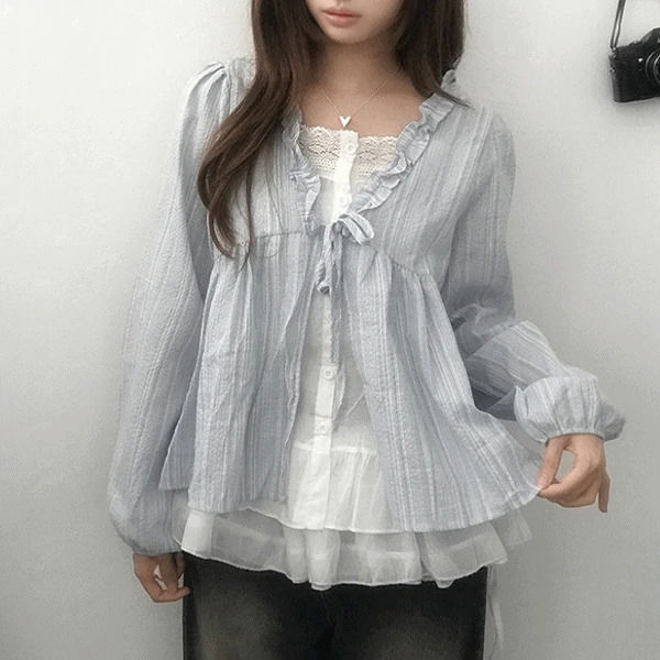 麻料條紋V領荷葉邊公主袖襯衫