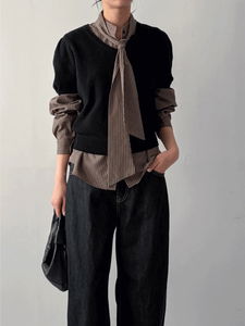 寬鬆格紋圓領七分袖襯衫