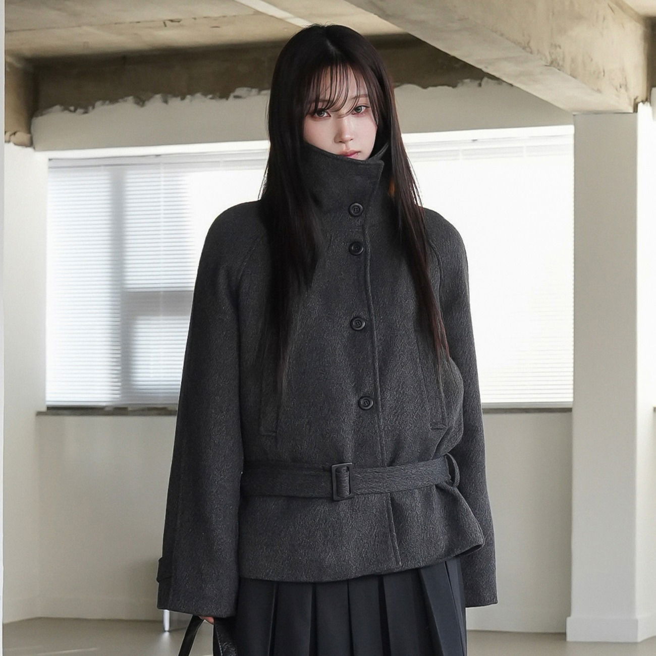 Cropped high-neck belted coat