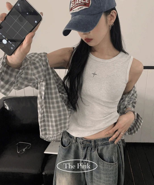 란키 슬림핏 프린팅 골지 슬리브리스 나시 (4color)