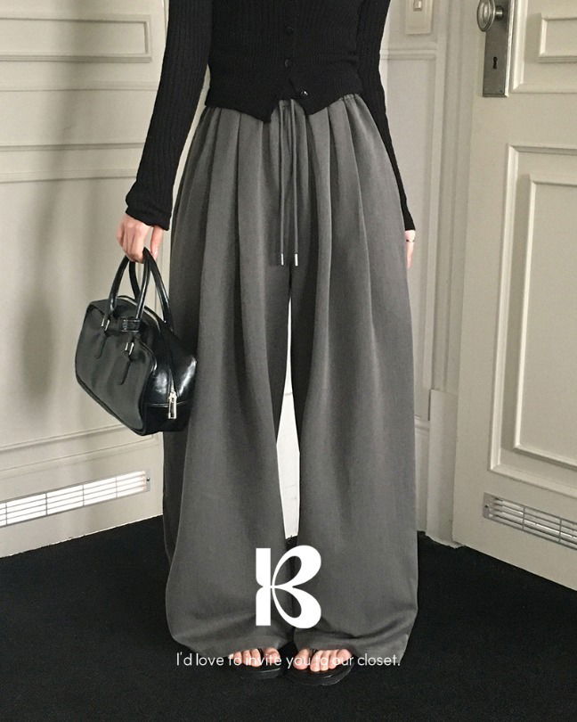 方形壓褶寬鬆綁帶長褲