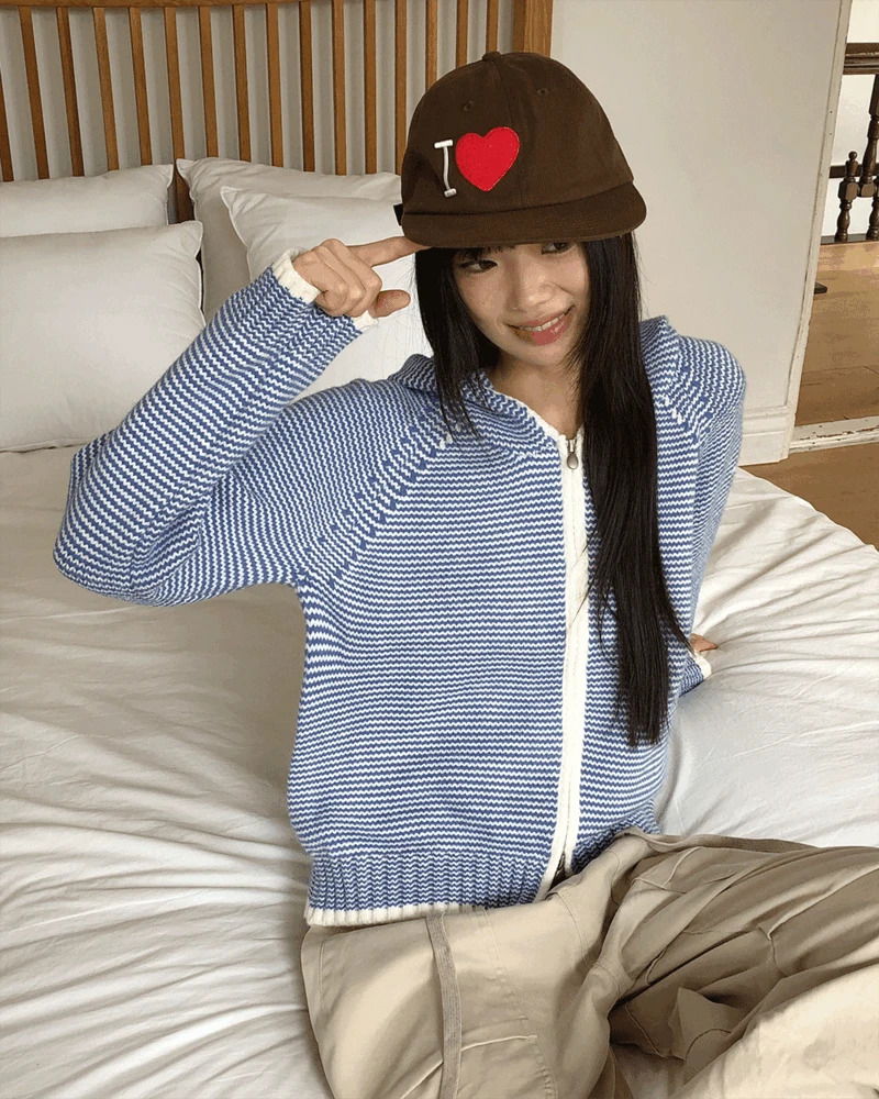 條紋兩穿長袖針織連帽外套