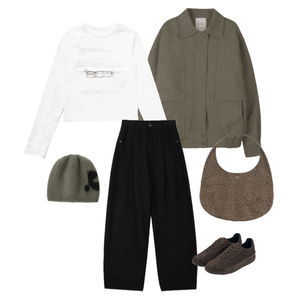 패딩자켓,긴팔티,모자 코디