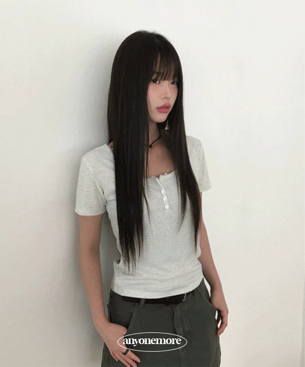 條紋蕾絲方領短袖T恤