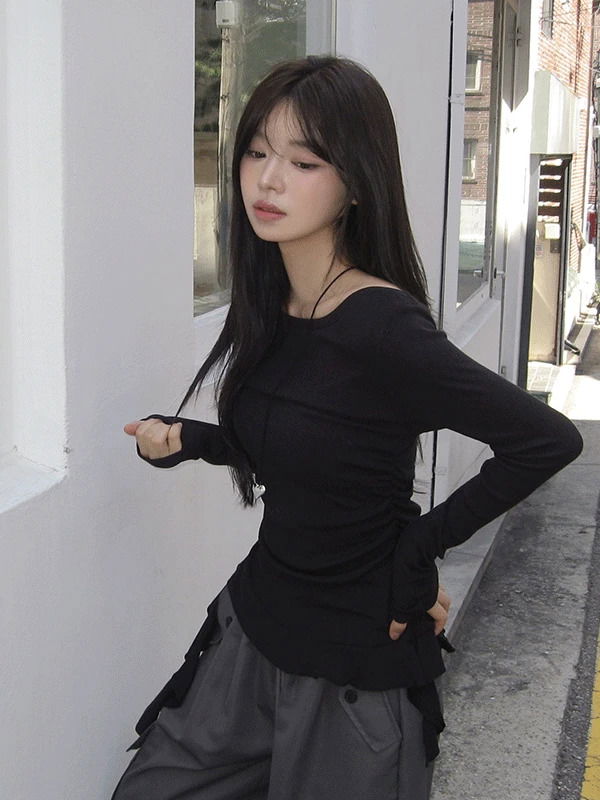 Blend Unbalanced Flare Ribbed Off-Neck T-Shirt