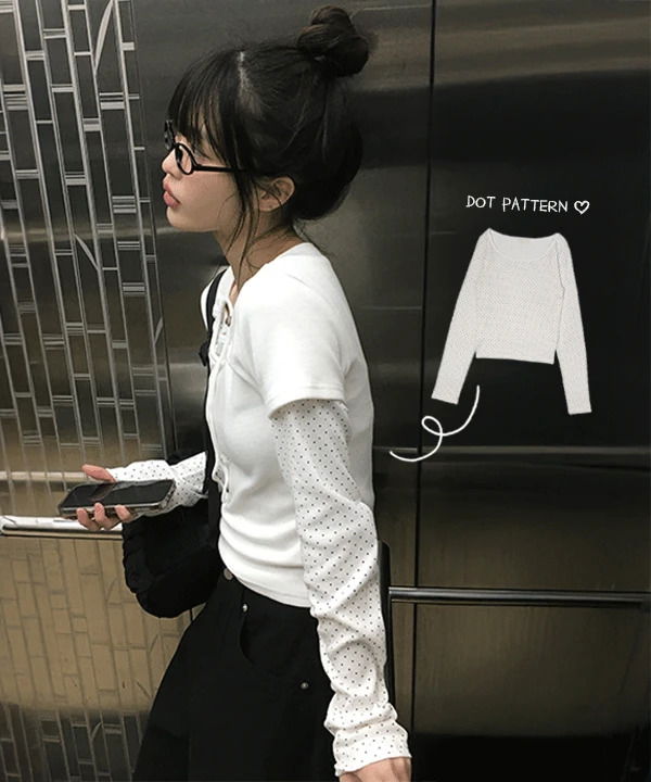 兒童點點圓領修身短版長袖T恤