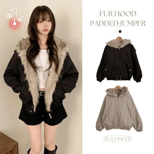 A warm, pored Split fur hooded oversized work padded Jacket. Puffer Jacket