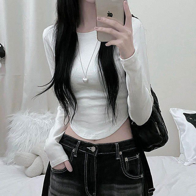 修身長袖棉質圓領T恤