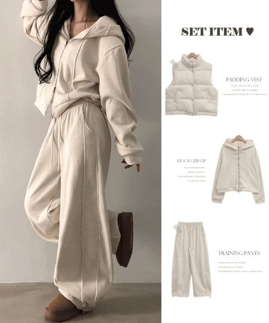 Totu Overfit Hooded Fur Zip-Up + Side Split Wide Long Pants Set