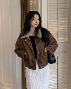 翻領皮革絨毛羊毛內裡短版外套