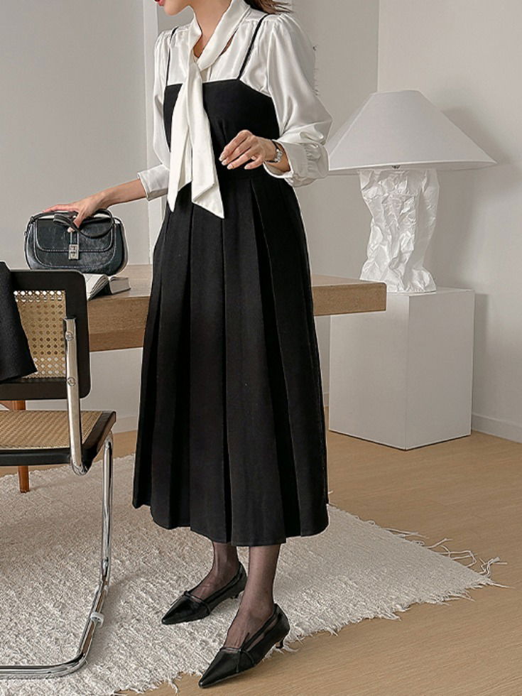 ピーチ起毛ビスチェプリーツワンピース