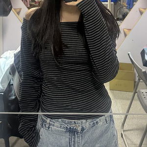 斜肩條紋長袖T恤