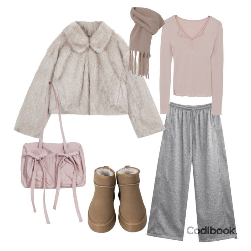 common unique 배레 벌키 롱 부클 머플러,binary01 제니 리본 숄더백,binary01 플랫폼 미니 양털부츠등을 매치한 코디