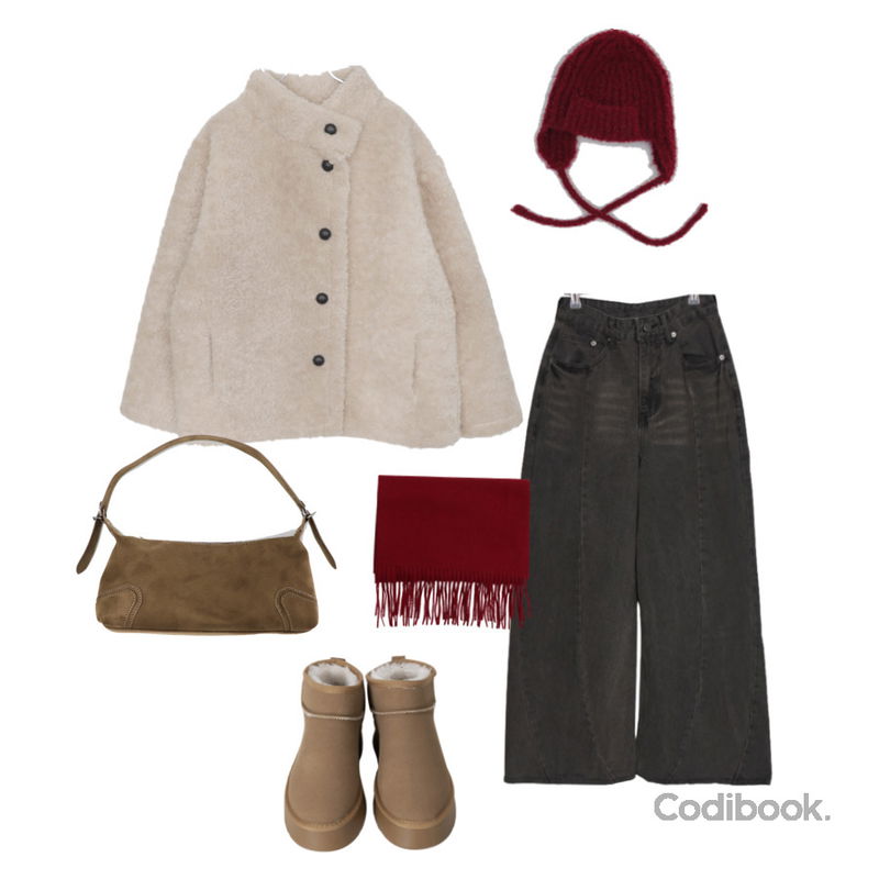 MAENIQUE 트리아 베이직 수술 머플러,binary01 플랫폼 미니 양털부츠,DAILYJOU 루이 뽀글 퍼 귀달이 니트 비니등을 매치한 코디