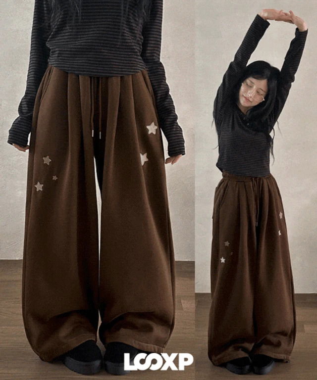 雙星刺繡絨毛打褶鬆緊腰寬管長褲 (人氣商品配送延遲)