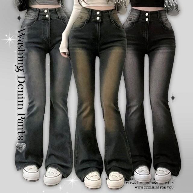 S-2XL 臀部舒適 兩鈕彈性水洗丹寧靴型長褲