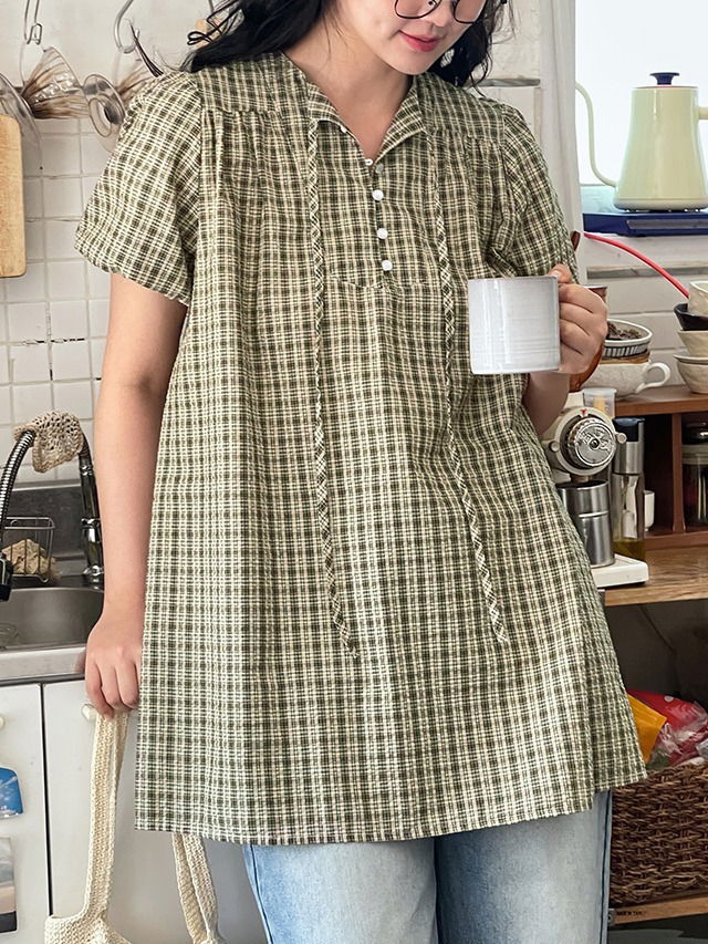 格紋褶皺領結短袖迷你洋裝