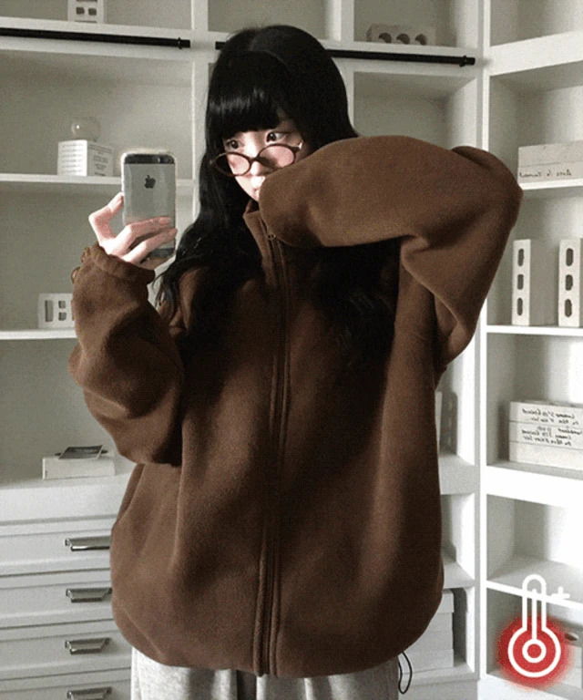 素色基本高領半拉鏈寬鬆刷毛外套 (人氣商品配送延遲)