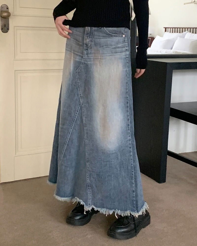 剪裁設計漂白丹寧長裙