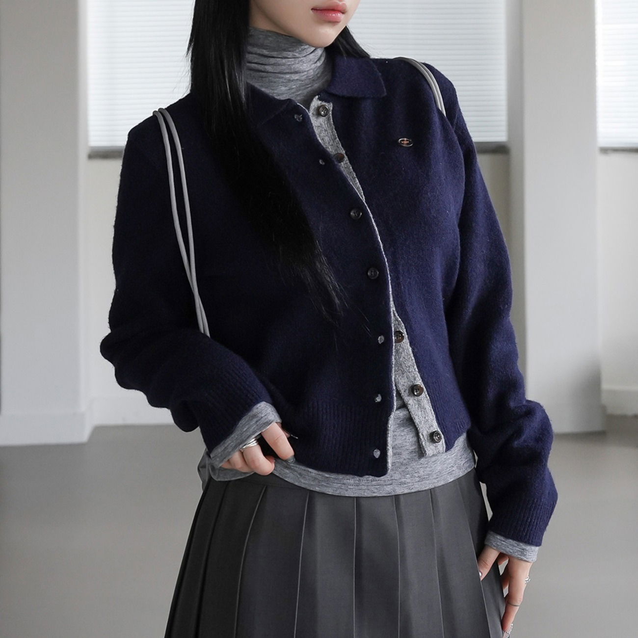 褶皺領長袖針織開襟外套