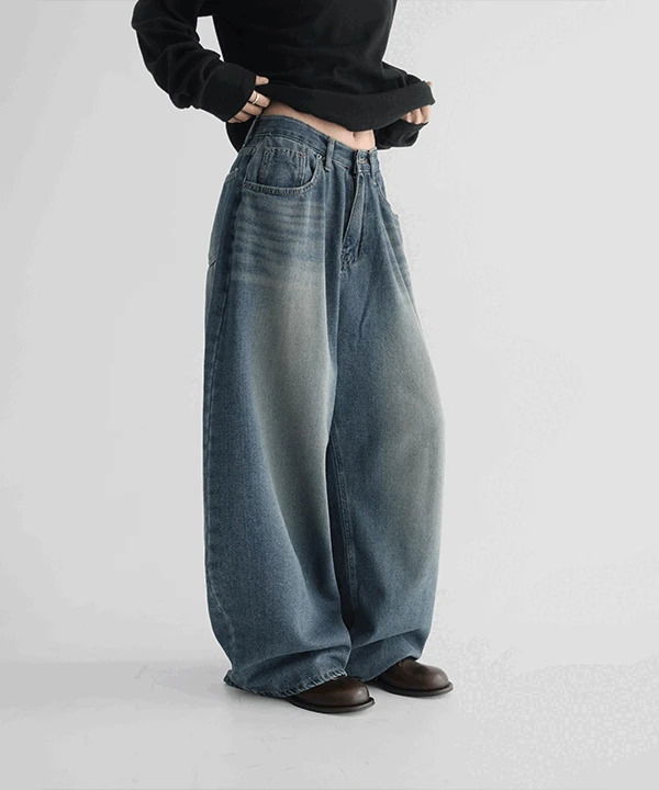 파인 빈티지 워싱 기모 와이드 데님 팬츠