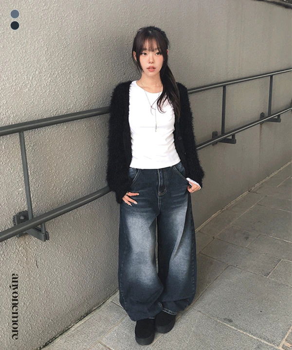 Bowling hem snap wide Faded denim pants