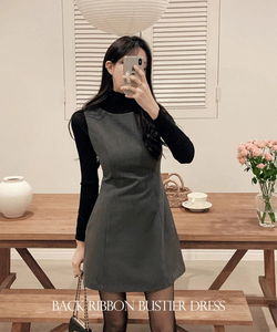 優雅後背蝴蝶結灰色細肩洋裝