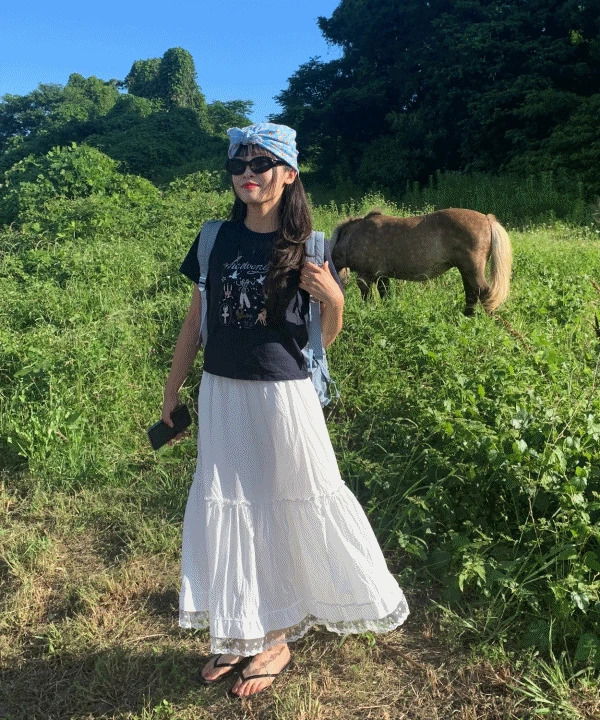 蕾絲下擺褶皺A字長版荷葉邊裙