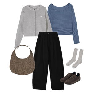 긴팔티,가디건&베스트,팬츠 코디