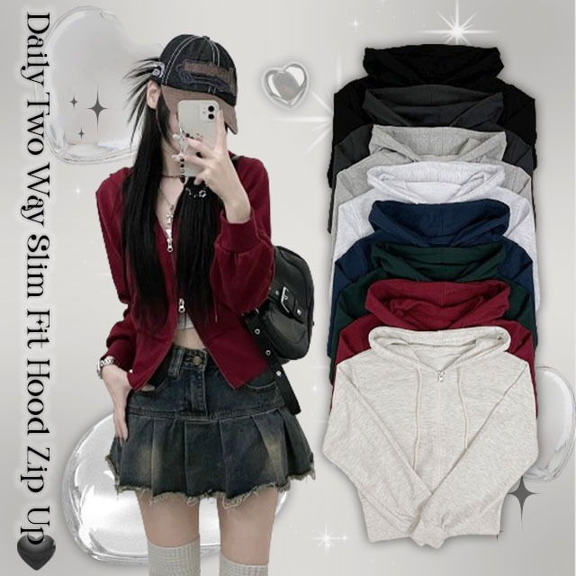 Peach Two Way Slim Crop Hooded Zip Up