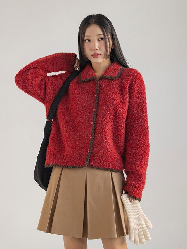 Big size 55-88 Felden loose Loose-fit bouclé contrast collar knitwear cardigan 开襟衫