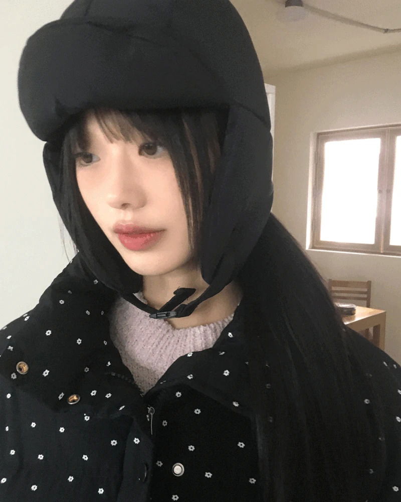 黑色毛絨護耳保暖毛帽圍脖帽