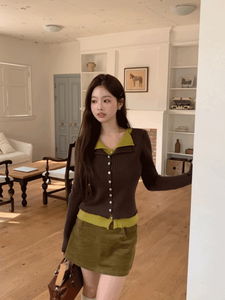 アセルバイカラーVネックウールリブレイヤードニットカーディガン