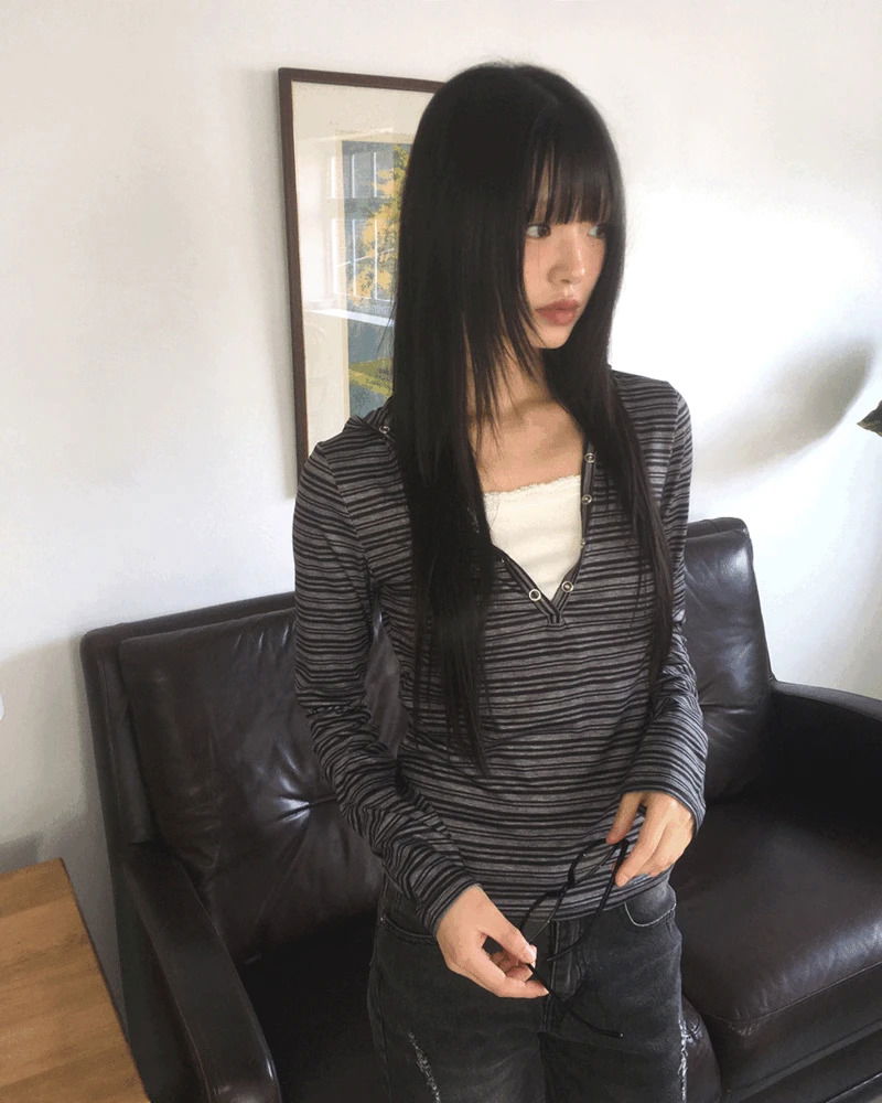 Harit Stripe Button Hooded T-Shirt