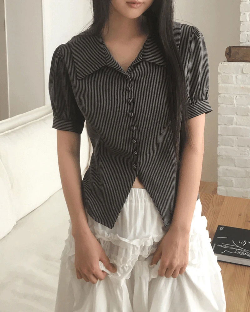 直紋泡泡袖立領短袖襯衫